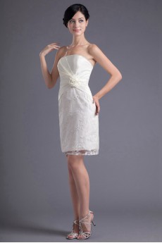 Satin and Lace Strapless Short Dress with Hand-made Flower