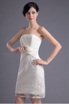 Satin and Lace Strapless Short Dress with Hand-made Flower