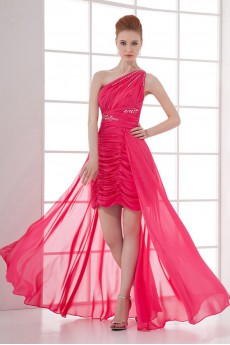 Chiffon Asymmetrical Short Dress with Gathered Ruched Bodice