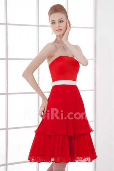 Chiffon Strapless Knee Length Dress with Sash