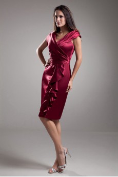 Satin V-Neck Knee Length Sheath Cap Sleeves Dress