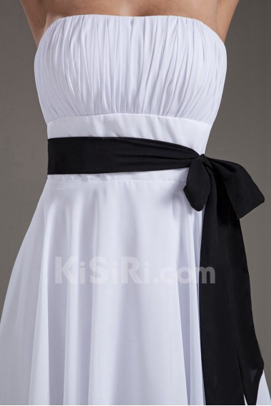 Chiffon Strapless Column White Knee Length Dress with Sash