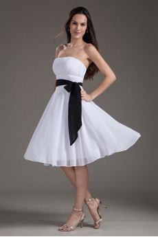 Chiffon Strapless Column White Knee Length Dress with Sash