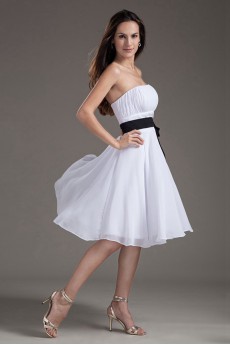 Chiffon Strapless Column White Knee Length Dress with Sash