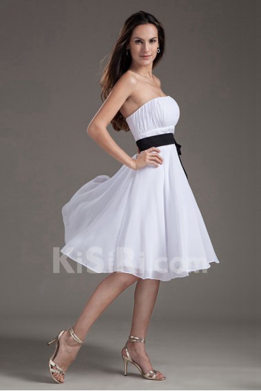 Chiffon Strapless Column White Knee Length Dress with Sash