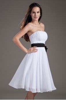 Chiffon Strapless Column White Knee Length Dress with Sash