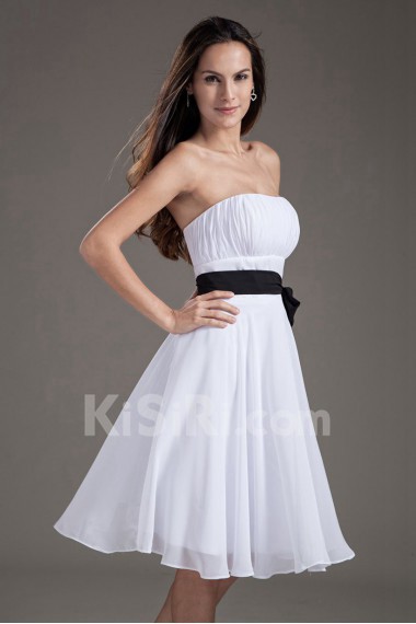 Chiffon Strapless Column White Knee Length Dress with Sash