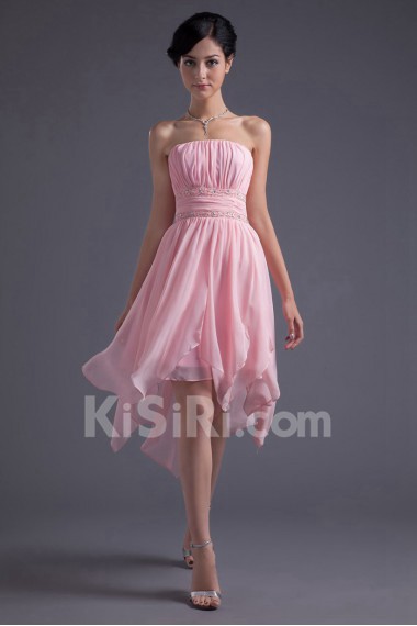 Chiffon Strapless Knee Length Dress with Sash and Sequins