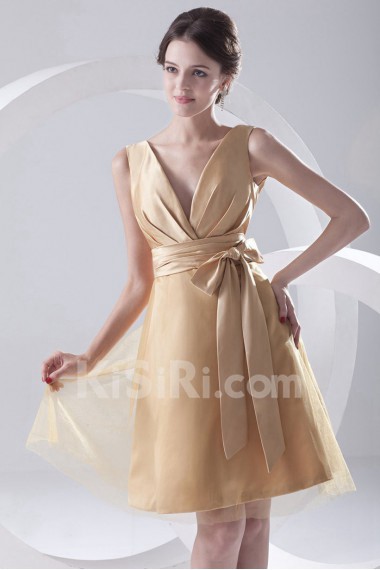 Satin and Net V Neckline A Line Short Dress with Sash