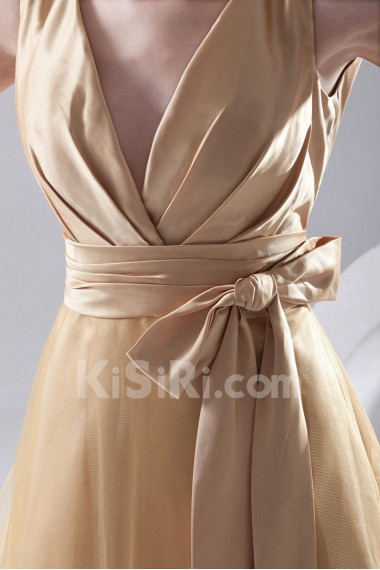 Satin and Net V Neckline A Line Short Dress with Sash