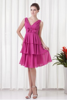 Chiffon V-cou Empire Knee Length Dress with Embroidery