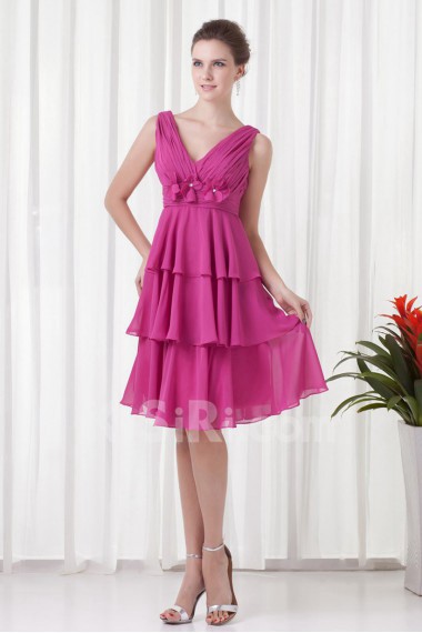 Chiffon V-cou Empire Knee Length Dress with Embroidery