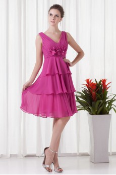 Chiffon V-cou Empire Knee Length Dress with Embroidery