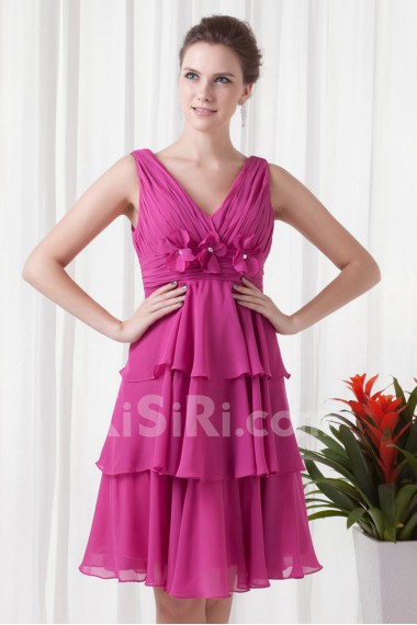 Chiffon V-cou Empire Knee Length Dress with Embroidery