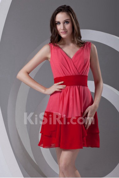 Chiffon V Neckline Short Dress with Sash