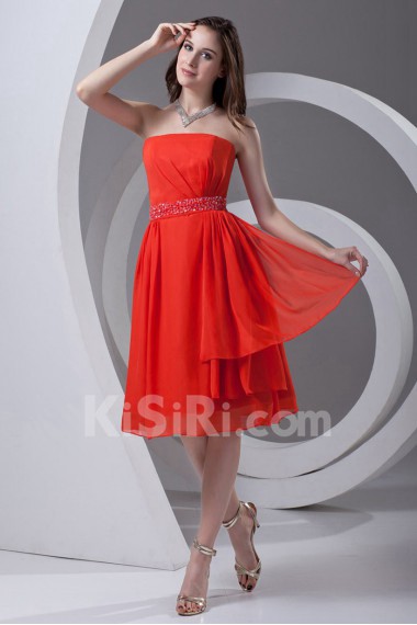 Chiffon Strapless Knee Length Dress with Sash