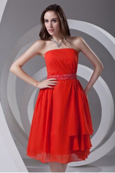 Chiffon Strapless Knee Length Dress with Sash