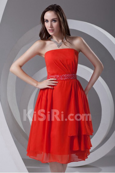 Chiffon Strapless Knee Length Dress with Sash