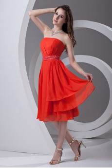 Chiffon Strapless Knee Length Dress with Sash