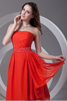 Chiffon Strapless Knee Length Dress with Sash