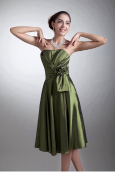 Taffeta Strapless Knee Length Dress with Hand-made Flower