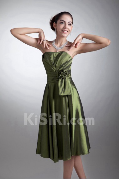 Taffeta Strapless Knee Length Dress with Hand-made Flower