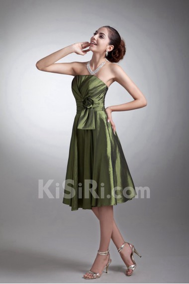 Taffeta Strapless Knee Length Dress with Hand-made Flower