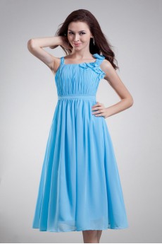 Chiffon Straps Knee Length Dress with Hand-made Flowers