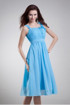 Chiffon Straps Knee Length Dress with Hand-made Flowers