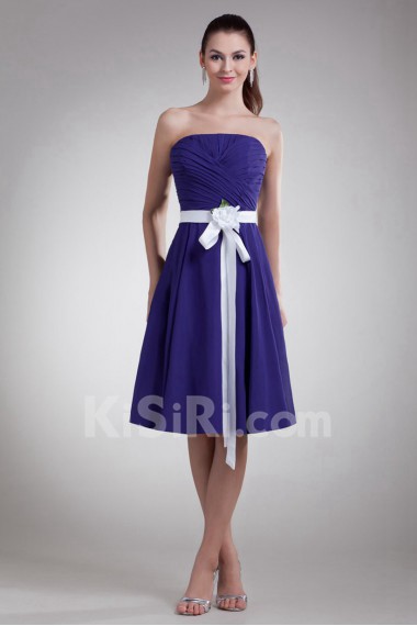 Chiffon Strapless Knee Length Dress with Sash