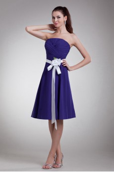 Chiffon Strapless Knee Length Dress with Sash