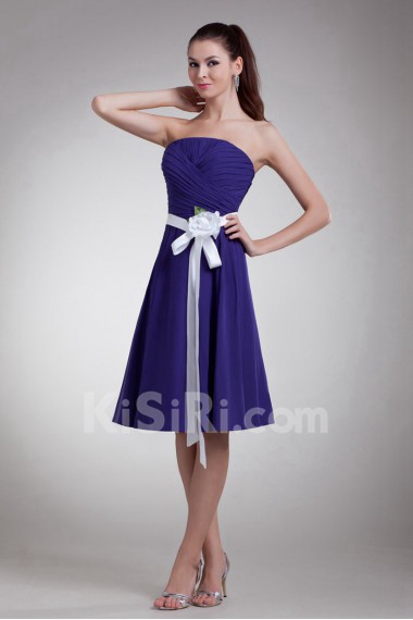 Chiffon Strapless Knee Length Dress with Sash