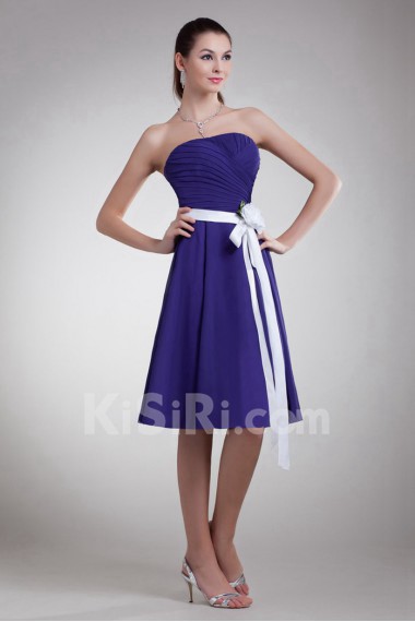 Chiffon Strapless Knee Length Dress with Sash