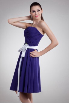 Chiffon Strapless Knee Length Dress with Sash