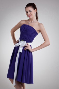 Chiffon Strapless Knee Length Dress with Sash