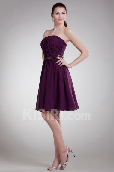 Chiffon Strapless Knee Length Dress with Sash