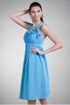 Chiffon Straps Knee Length Dress with Hand-made Flowers