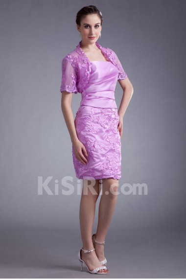 Satin and Net Strapless Short Dress with Embroidery