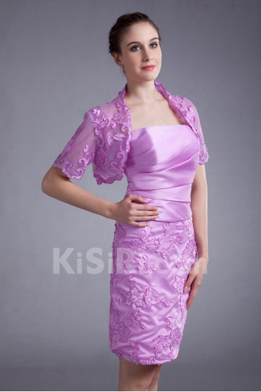 Satin and Net Strapless Short Dress with Embroidery