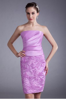 Satin and Net Strapless Short Dress with Embroidery