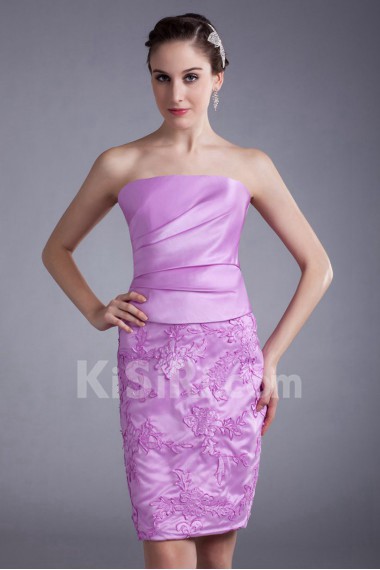 Satin and Net Strapless Short Dress with Embroidery