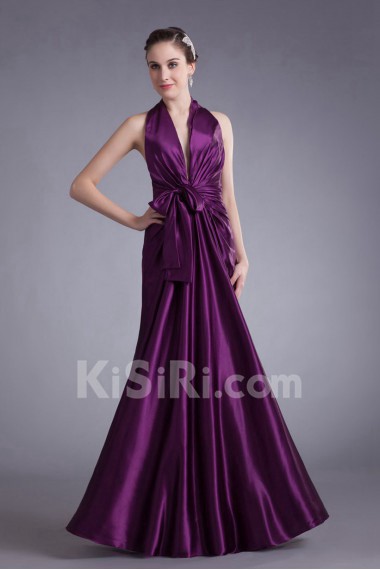 Satin V-Neck Column Dress with Sash