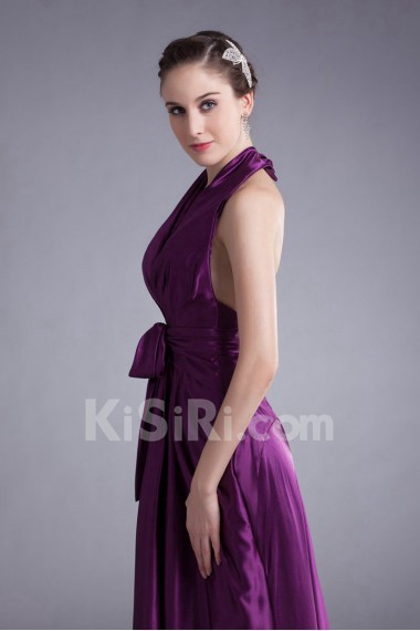 Satin V-Neck Column Dress with Sash