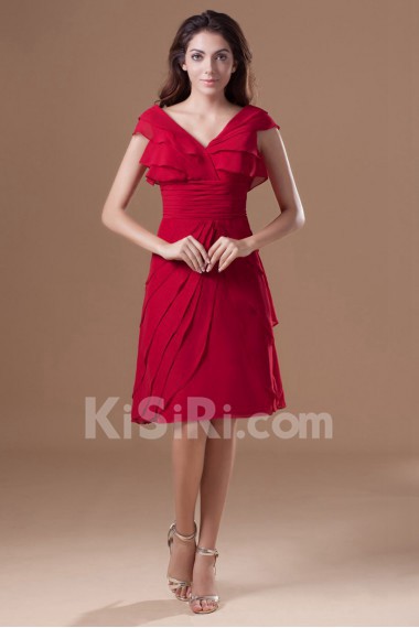 Chiffon V-Neck Knee Length Dress with Cap Sleeve