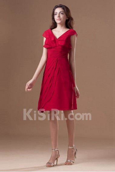 Chiffon V-Neck Knee Length Dress with Cap Sleeve