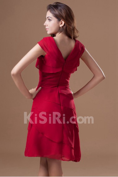 Chiffon V-Neck Knee Length Dress with Cap Sleeve