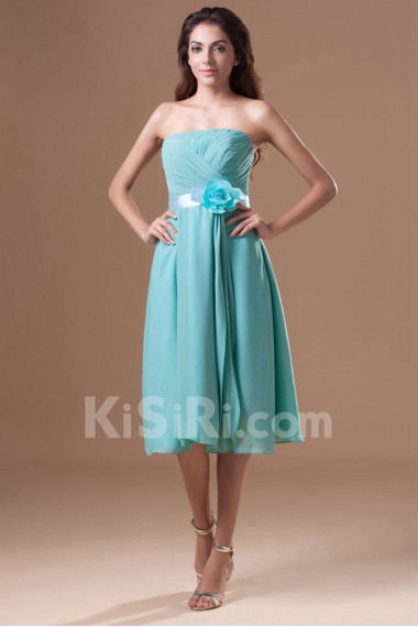 Chiffon Strapless Knee Length Dress with Sash