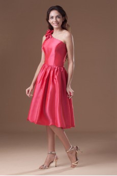 Taffeta Asymmetrical Knee Length Dress with Hand-made Flower