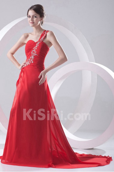 Chiffon One Shoulder A Line Dress with Embroidery