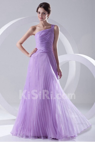 Organza One Shoulder Long Dress with Crisscross Ruched Bodice